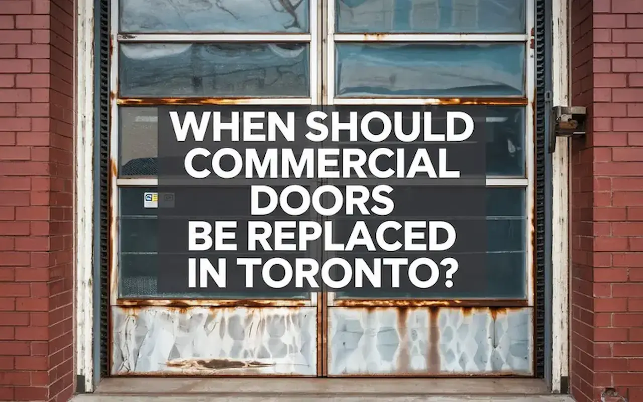 Aging commercial metal door with visible wear and rust, highlighting the need for commercial door replacement in Toronto.