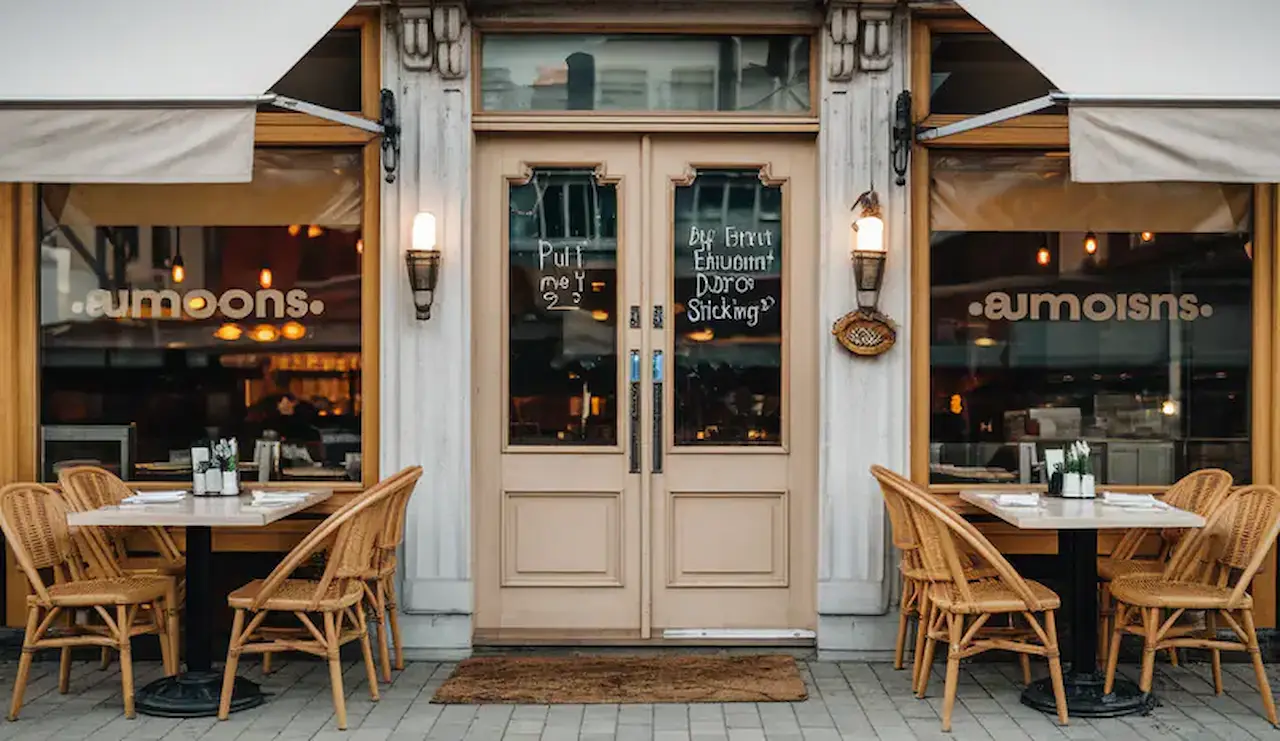 Stylish restaurant entrance with outdoor dining tables, wicker chairs, and decorative storefront design.
