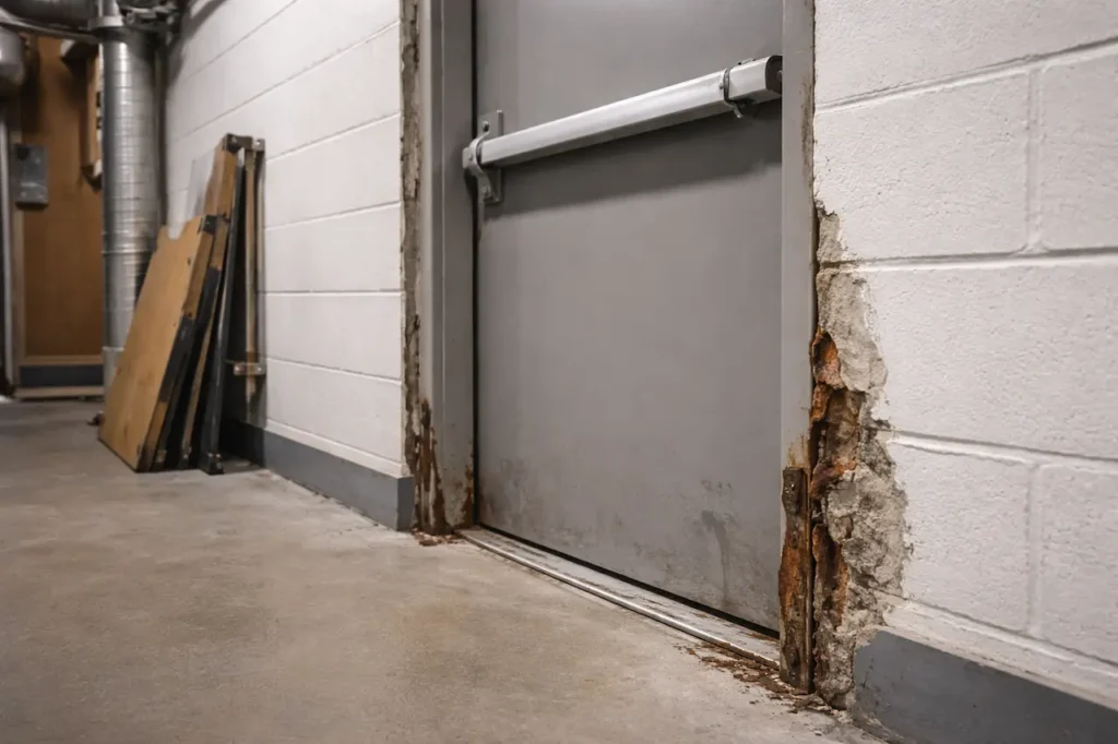 Damaged commercial metal door frame with visible rust and structural deterioration in a Toronto building