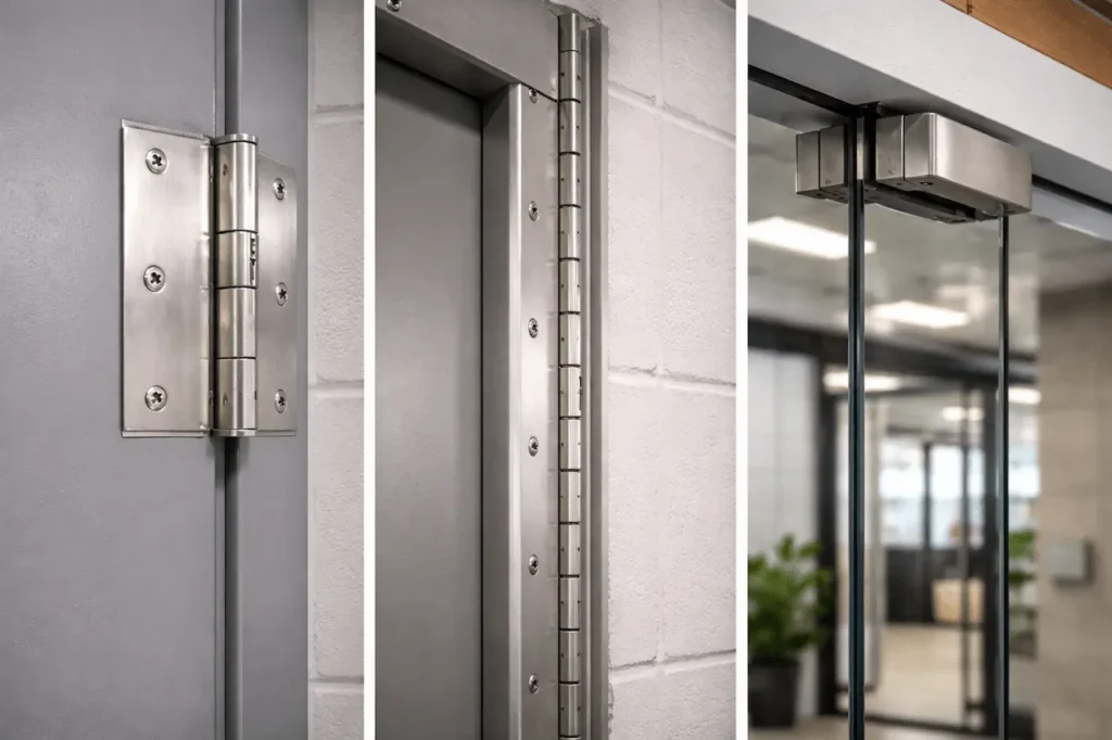 Close-up of three types of commercial door hinges: a butt hinge, continuous hinge, and pivot hinge, showcasing their construction and materials.