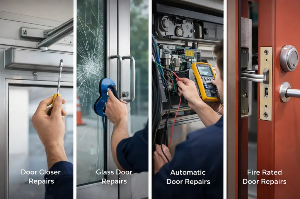 Commercial door repair examples including door closer replacement, cracked glass repair, automatic door diagnostics, and fire rated door hardware service