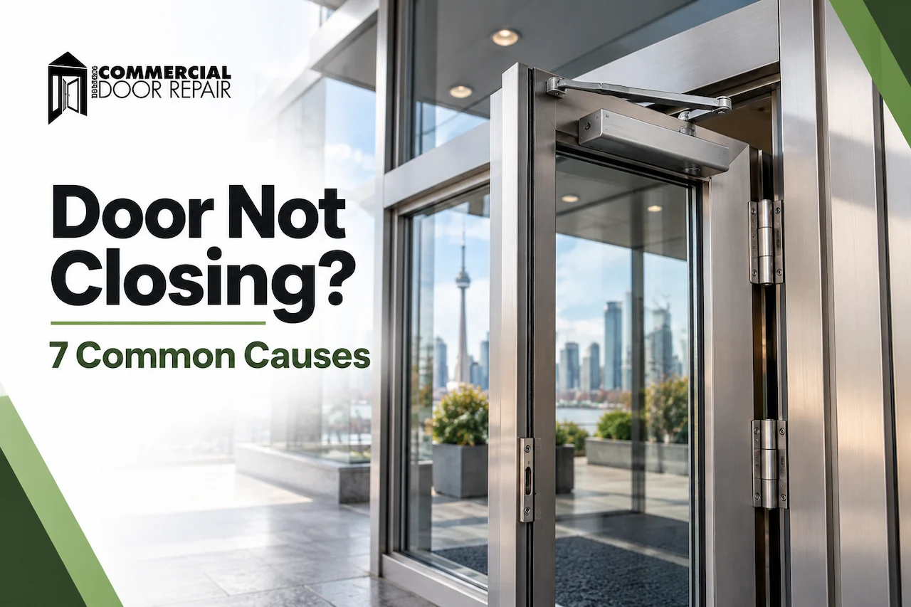 Commercial glass door with visible closer and hinges at a Toronto business entrance.