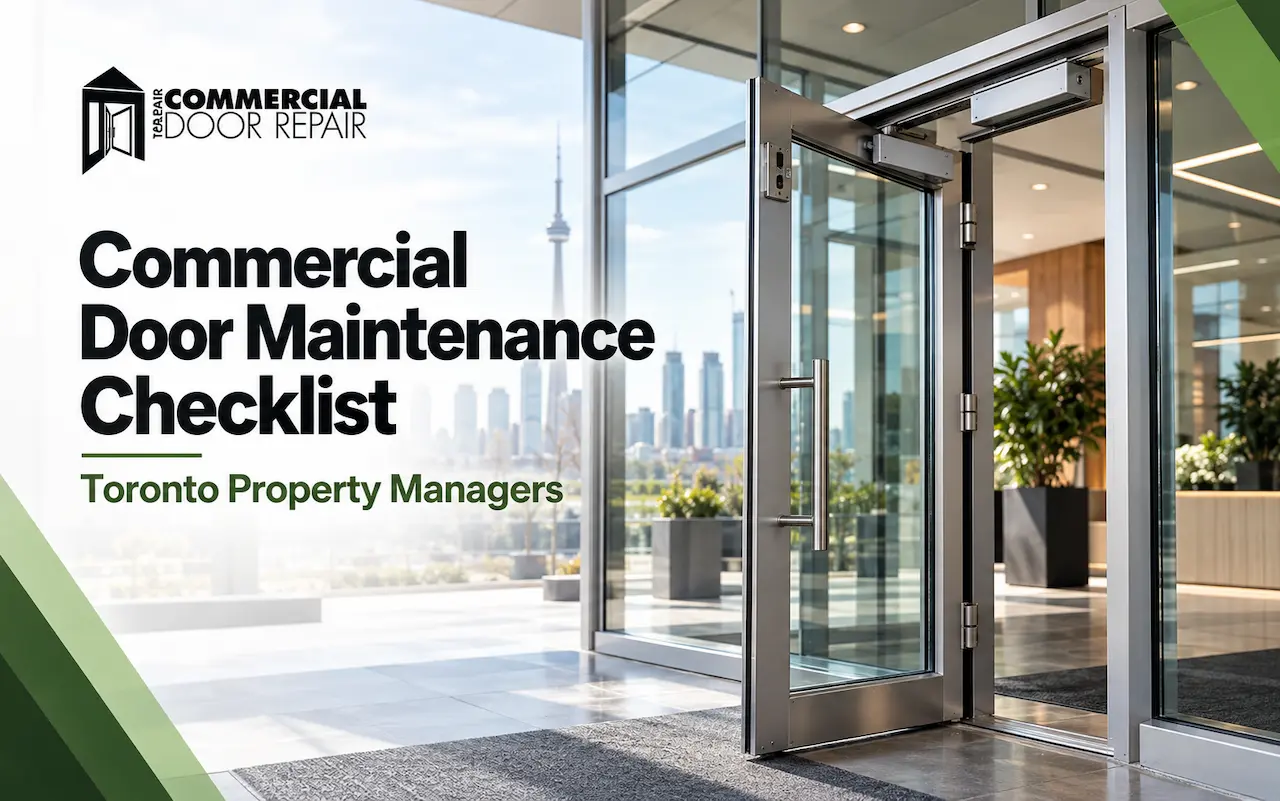 "Commercial glass entrance door with hydraulic closer and modern hardware, illustrating a commercial door maintenance checklist for Toronto property managers."